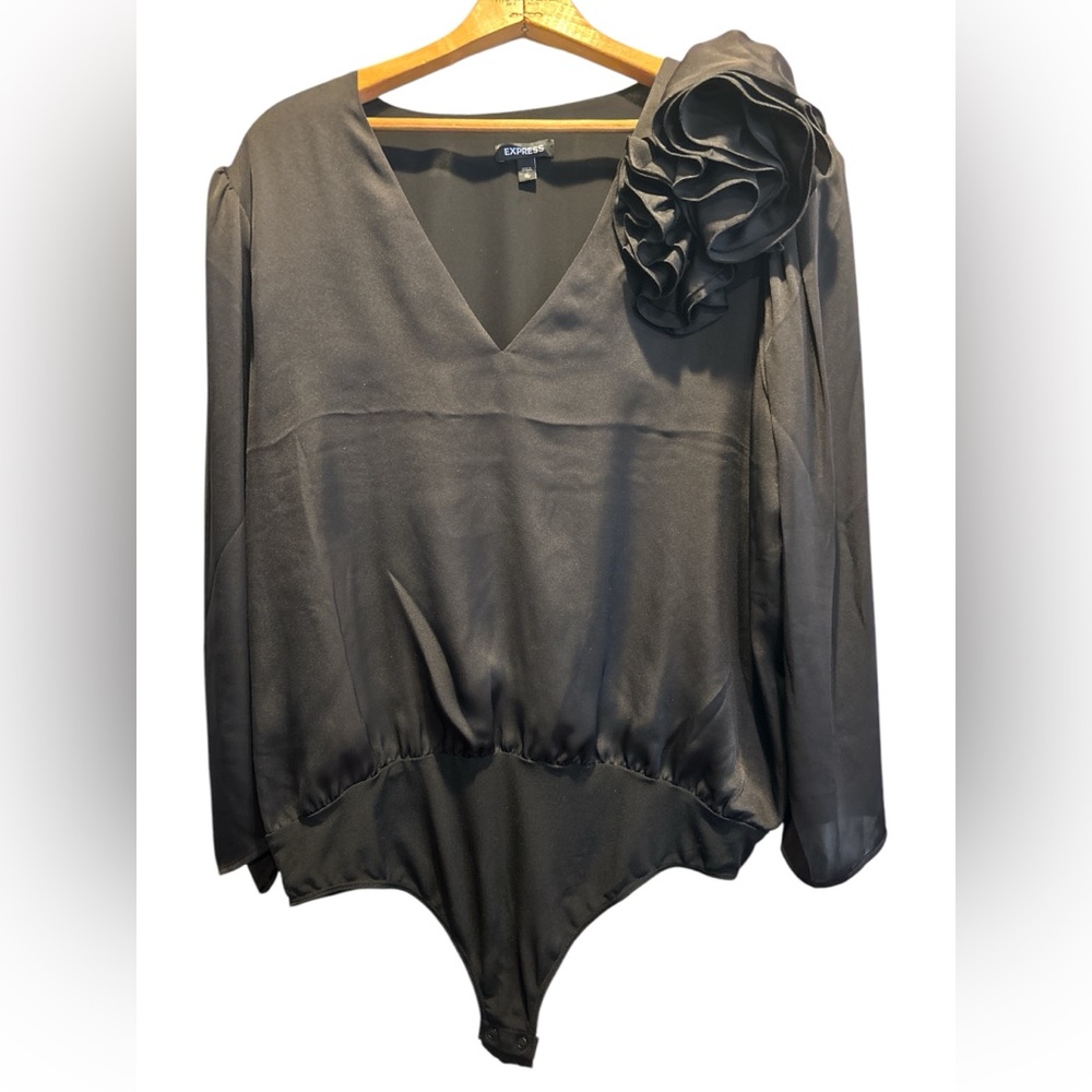Express Satin V-Neck Bodysuit with Satin Flower Embellishment, Black, Size XL
